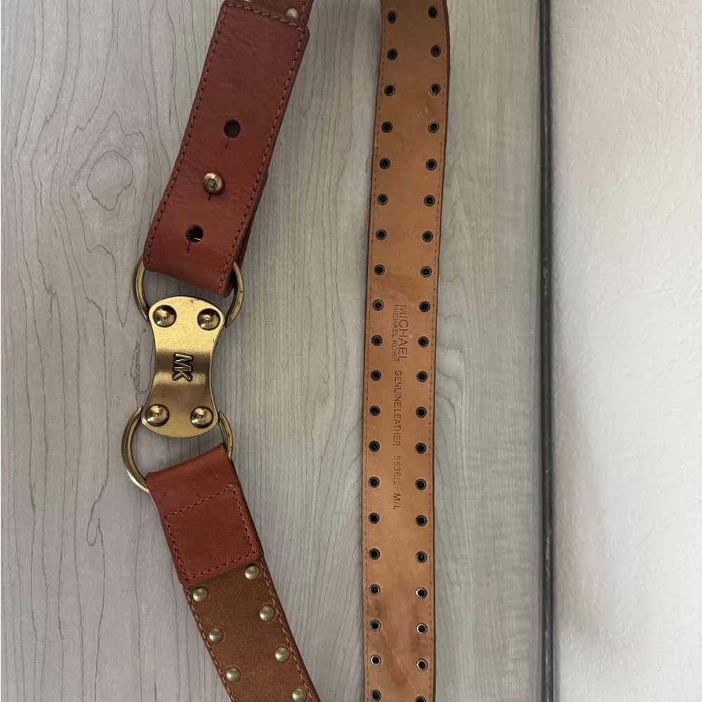 Michael Kors Chunky Tan Leather & Suede Belt with Gold Hardware M/L - Picture 7 of 7